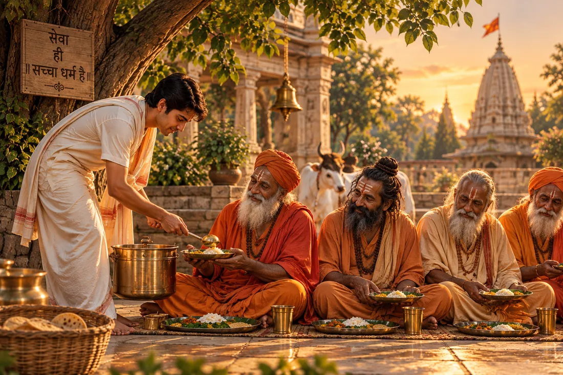 A sevak ladling rice from a brass pot onto a Sadhu-Sant’s thali at a bhandara