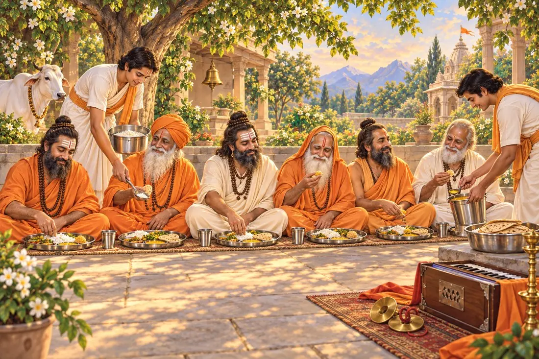 A sevak serving food to Sadhu-Sant seated together