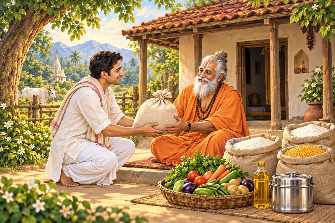 A sevak bringing rations to a Sadhu-Sant outside his kutiya