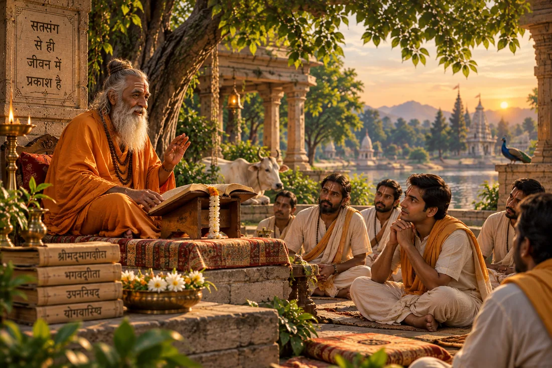 A Sadhu-Sant reading aloud from a scripture to people seated around him at satsang